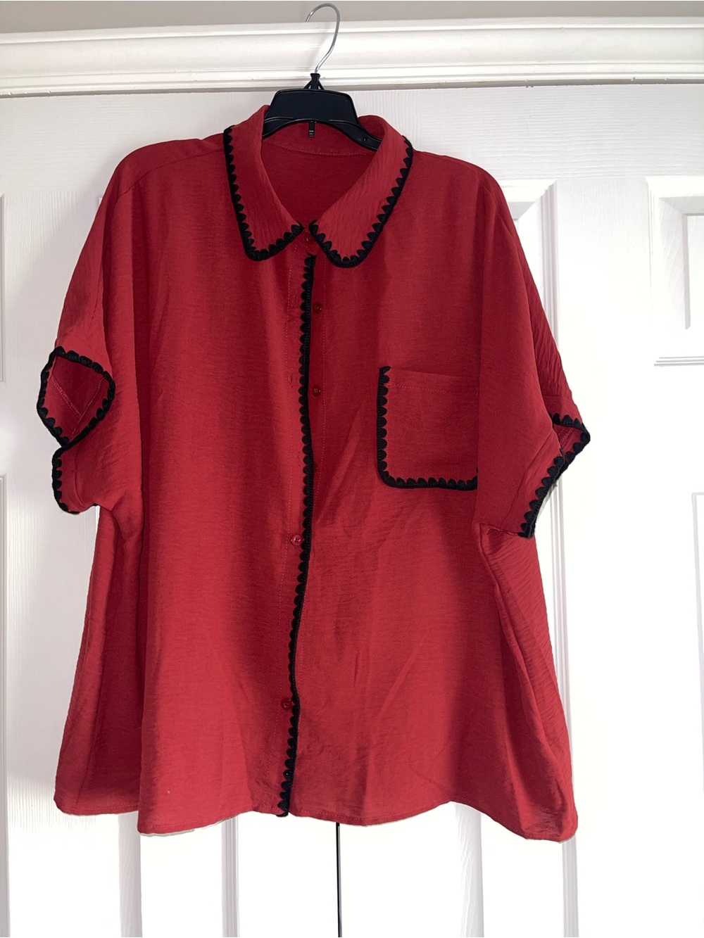 SHEIN Red Button-Down Top with Black Scalloped Trim